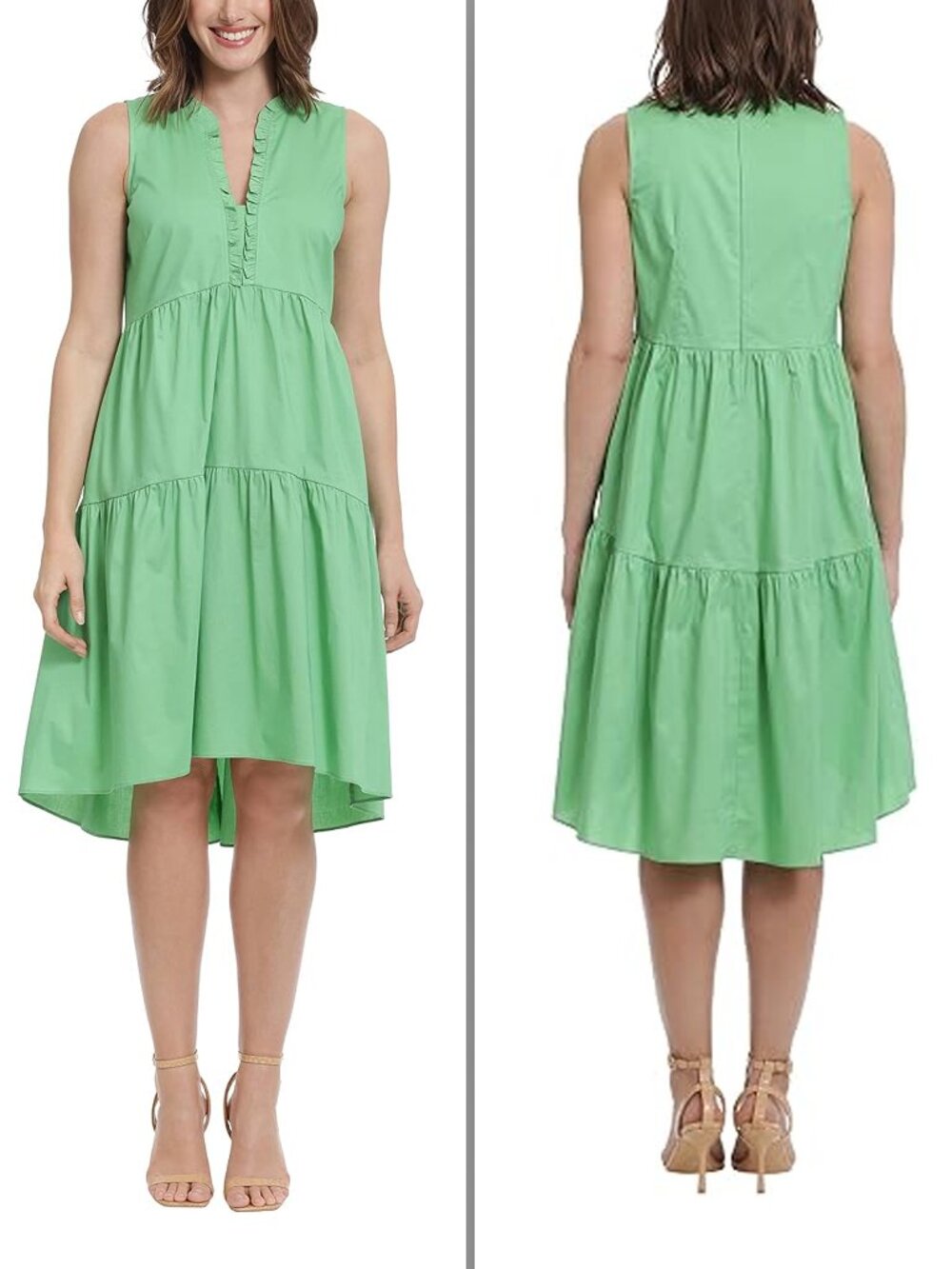 London Times Sleeveless Ruffle V-Neck Cotton Poplin Tiered Size 4 Green